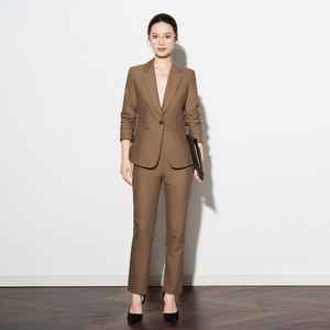 Women's Brown Suit Set Polyester Three Quarter Sleeve Anti-Wrinkle Office Lady Spring Professional Wear - Product Image 1