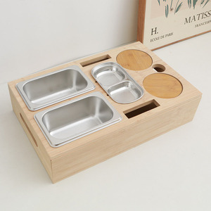 Bamboo <b>Storage</b> <b>Tray</b> With Stainless Steel Compartments Multifunctional Snack And Fruit Organizer For Sofa Use Rectangle Shape - Product Image 3