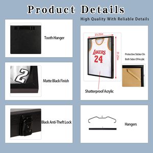 Black Jersey Display <strong>Frame</strong> Lockable UV Acrylic with Linen Lining 3 Display Methods for Basketball Football Jerseys - Product Image 3