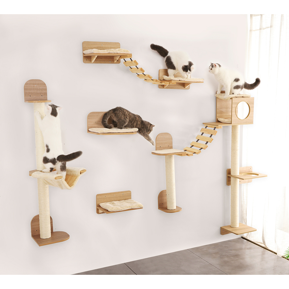 Petstar New Design Modern Wooden Cat Furniture Tree Cat Climbing Track Wall Mounted Shelves