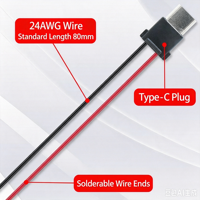 Câble Pigtail Type-C Mâle 24AWG 8CM Pré-soudé, Fiche USB-C Réversible pour Modification d'Alimentation DIY, Câblage d'Alimentation pour Modèles RC
