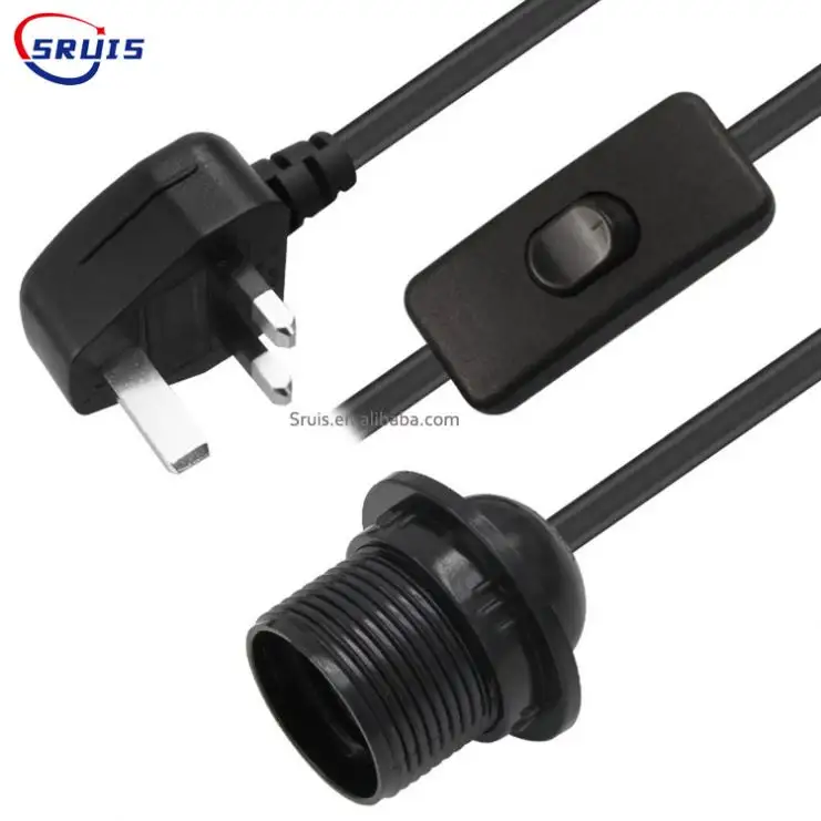 Black Extension Uk Powered Mains Lead England 13a 3 Pin Plug With custom terminals Pigtail end Power Cord