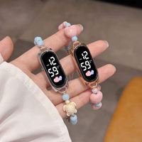 Jam Tangan Digital LED Fashionable, Gelang Manik Resin Lucu, Liontin Hati dan Kura-kura, Jam Elektronik untuk Hadiah Ulang Tahun Anak Perempuan