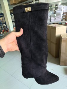 <span class=keywords><strong>Bottes</strong></span> mi-<span class=keywords><strong>mollet</strong></span> pour femmes à bout pointu, coupe droite, à boucle métallique, grande taille, talon épais, longueur pantalon - Product Image 6