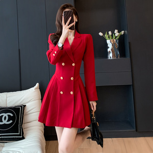 Red Long Sleeve Suit Dress With Gold Buttons Fit And Flare Silhouette For Career Wear - Product Image 1