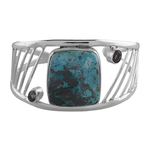 Auténtica Pulsera Abierta de Plata de Ley 925 con Azurita, Gema Azul Verde, Joyería de Diseño para Mujer - Product Image 1