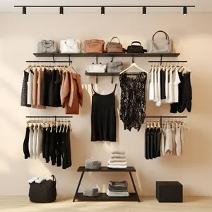 Trendy Fashion Retail Metal Clothes Hanger Stand With Shoe Rack 4 Way Clothing Display Rack Wall Clothing Display Rack