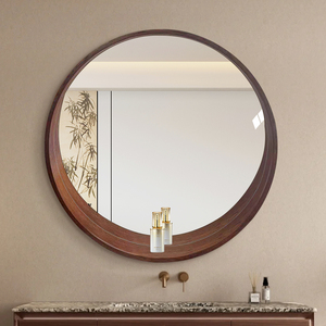 Vintage-style <strong>Round</strong> Bathroom <strong>Mirror</strong> with Solid <strong>Wood</strong> Frame and Storage Shelf, Desktop Retro Vanity Makeup <strong>Mirror</strong> - Product Image 1