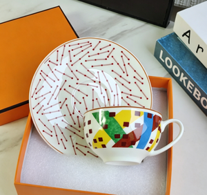 Colorful Geometric And Horse Print Bone China Coffee Cup And Saucer With <b>Red</b> Line Pattern For Afternoon Tea - Product Image 2