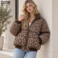 Blouson matelassé pour femme à imprimé léopard, avec broderies, appliqués, patchwork, surpiqûres, bordures côtelées, fermeture éclair intégrale, manteau d'hiver