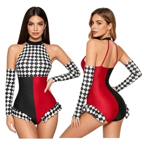 Body de mujer con estampado de tablero de ajedrez, disfraz de arlequín, cuello halter, ribete con volantes, bicolor, para artista de circo, espectáculo escénico, personalizado - Product Image 2