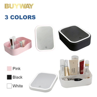 Miroir de maquillage LED de bureau avec boîte de rangement, alimentation 4 piles AAA/Type-C, lumière tactile 3 couleurs, grossissement 1X, miroir de maquillage avec rangement