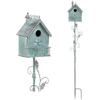 Country Cottage Bird House Cọc Cho Bên Ngoài, Đau Khổ Teal Kim Loại Birdhouse Với Pole Đứng Trang Trí Ngoài Trời Yard Art