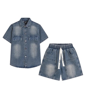Meilleure vente hommes grande taille sergé Denim ensemble court nouveauté mode bouton deux pièces ensemble respirant coton tricoté - Product Image 1