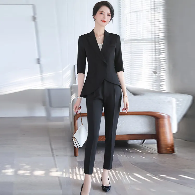 Modern Spring Office Black Formal Two Pieces Crop Sleeve Pants Business Plus Size Blazer Ladies Women's Suits &Tuxedo