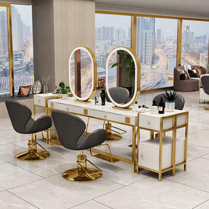 Factory Price Gold Modern Hairdressing Single Double Sided Led Lights Styling Beauty Hair Barber Shop Salon <b>Mirror</b> Station <b>Table</b> - Product Image 3