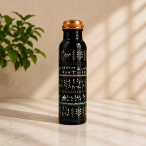 Bouteille d'eau en cuivre artisanale à motif tribal, bouteille ayurvédique, anti-fuite, en cuivre pur, bouteille de stockage, design élégant - Product Image 1