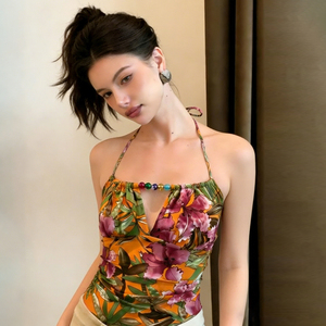 Women's Color-Blocked Floral Print Camisole <b>Top</b> <b>Beaded</b> V-Neck <b>Top</b> with Adjustable Shoulder Straps Summer Daily Wear 2026 New - Product Image 2