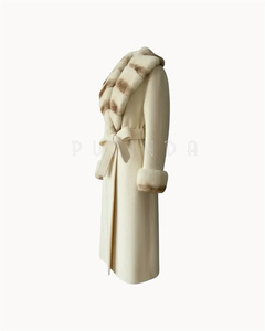 <strong>Full</strong> <strong>Length</strong> Cashmere-wool Blend Coat with Rex Rabbit Fur Collar and Cuffs Dyed Chinchilla Color Brown Cashmere <strong>Cardigan</strong> Women's - Product Image 3