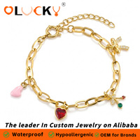 Bracelet à breloques cœur cerise et nœud en acier inoxydable plaqué or 18 carats, étanche, pour femme, fabriqué par LUCKYJIU Custom Jewelry Manufacturer
