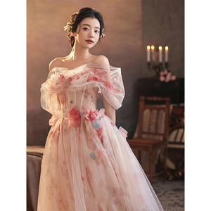 Off The Shoulder Floral Chiffon Ball <b>Gown</b> Dress Empire Waistline For <b>Brides</b> And Formal Events - Product Image 1