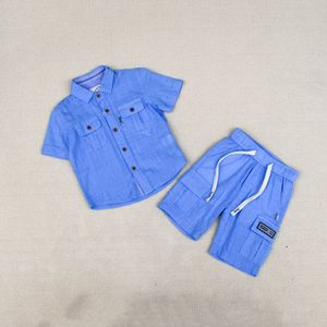 Nouvel ensemble décontracté 2 pièces en <span class=keywords><strong>lin</strong></span> pour enfants, style cargo uni, chemise à manches courtes et short pour l'été, vêtements pour garçons et tout-petits - Product Image 6