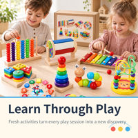 Ensemble de jouets éducatifs en bois 8-en-1 avec xylophone, tableau de comptage, trieur de formes, horloge, labyrinthe de perles et boîte cadeau en kraft