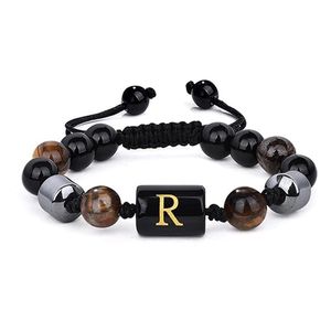 Initial Bracelet à breloques de mode pour hommes fait à la main avec oeil de tigre obsidienne <span class=keywords><strong>hématite</strong></span> <span class=keywords><strong>pierre</strong></span> de lave perlée lettre initiale - Product Image 2