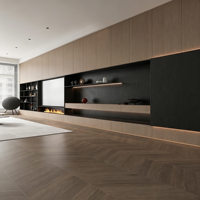 Niche de rangement sophistiquée sans poignée, du sol au plafond, avec LED intégrées, texture bois, pour plan d'aménagement intérieur d'appartement haut de gamme