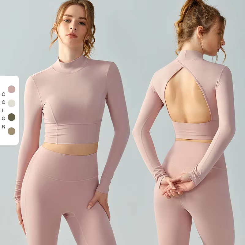MAYYOUNG Stand Collar Long Sleeve Yoga Wear Women Hollow-Out Back Running Fitness Top with Water Drop Half Fixed Cup