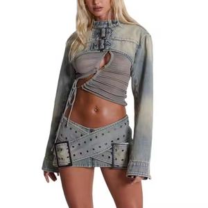 Nuevo Conjunto de Mezclilla para Mujer de Alta Calidad, Top Corto Sexy con Hombros Caídos, Minifalda en Línea A, Mezclilla Deslavada con Efecto Ácido - Product Image 1