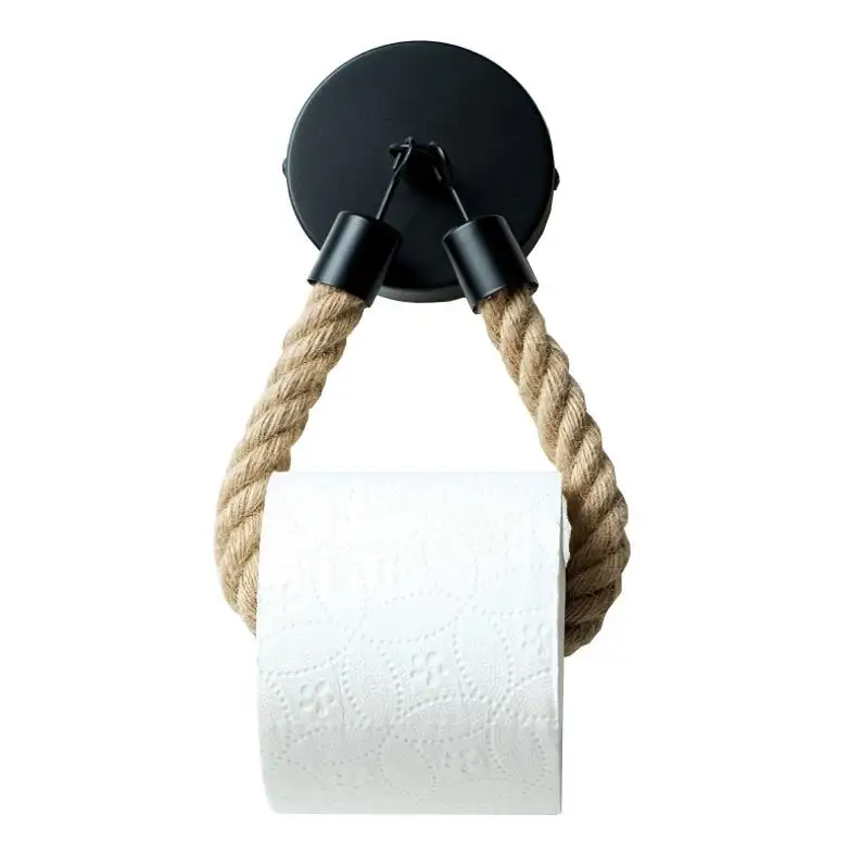 Huis Badkamer Decoratie Zelfklevende Handdoek Papierhouder Wandmontage Jute Touw Tissue Houder Metaal Zwart Toiletpapier Houder
