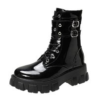 Bottes de chevalier à jambe courte en cuir verni européen et américain pour femmes, bottes d'automne et d'hiver en cuir rivetées à semelle épaisse