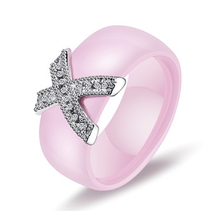 Multi-Color <b>Ceramic</b> <b>Ring</b> with Cubic Zirconia Pave X Design | Polished Finish | Hypoallergenic Statement <b>Ring</b> for Women & Men - Product Image 1