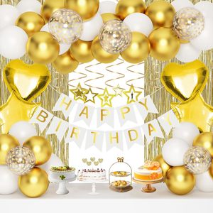 Set de Decoración de <span class=keywords><strong>Cumpleaños</strong></span>, Globos Blancos y Dorados, Decoraciones para Fiestas, Banner Dorado de <span class=keywords><strong>Feliz</strong></span> <span class=keywords><strong>Cumpleaños</strong></span>, Cortina de Flecos para Mujeres y Hombres - Product Image 1
