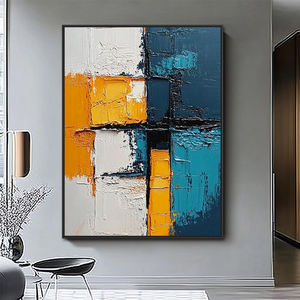 Décoration d'intérieur, peinture sur toile abstraite géométrique jaune et bleue contemporaine, faite à la main avec un <span class=keywords><strong>couteau</strong></span> à palette en <span class=keywords><strong>acrylique</strong></span> - Product Image 4