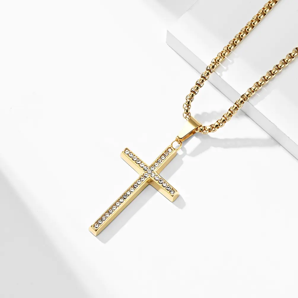 Euro-amerikanischer Stil Einfache Diamant-verkrustete Edelstahl Kreuz Halskette Abschrägung Nische Hip Hop Anhänger Verlobung geschenk Männer