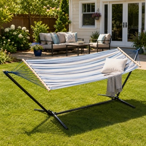 <span class=keywords><strong>Support</strong></span> de <span class=keywords><strong>hamac</strong></span> d'extérieur moderne 3m pour deux personnes, mobilier de jardin, structure en acier robuste, tissu rayé bleu, chambre à coucher, salon - Product Image 2