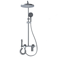 Colonne de douche murale en aluminium gris anthracite avec pommeau de douche pluie, douchette à main, pulvérisateur de bidet et étagère de rangement, pour 3 villas et hôtels