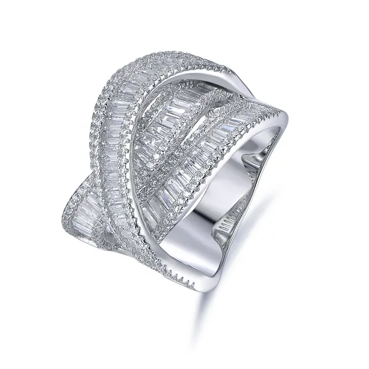 Custom Made White Gold Plated Ring Baguette Invisible Setting Wedding Bands or Rings Silver Cross Trendy Diamond Rings