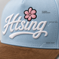 Casquette de baseball personnalisée bleu ciel à visière plate, 6 panneaux, snapback, visière en daim brodée de fleurs, chapeau ajustable, vente en gros, OEM, faible MOQ