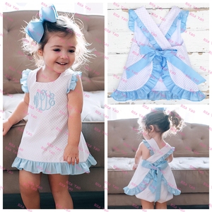 Conjunto de Blusa con Volantes Azules y Pantalones con Estampado de Lunares Rosas para Bebé Niña, Top con Lazo en la Espalda y Pantalones con Volantes, Atuendo Personalizado para Niña Pequeña 2026 - Product Image 5