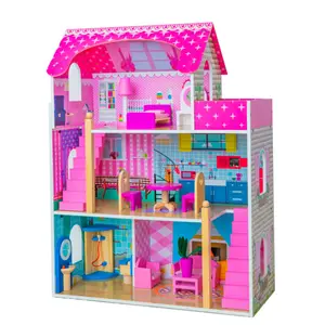 Casa de bonecas de madeira, 3 andares, casa de bonecas grande com móveis e acessórios, conjunto de brinquedos para meninas, villa de bonecas