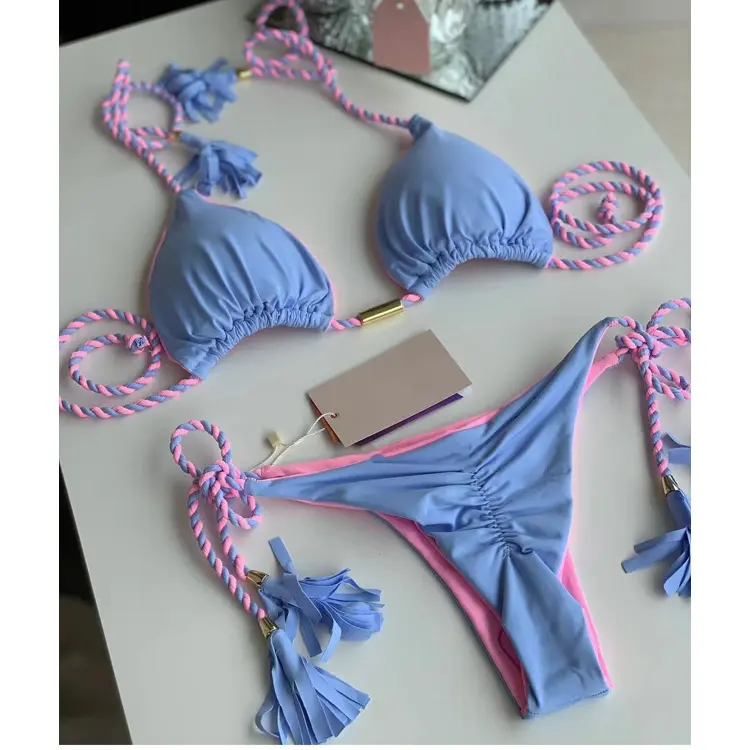 Traje de baño con estampado Retro para niñas, conjunto de Bikini de dos piezas con borlas de alta calidad, ropa de playa para Fitness, 2022