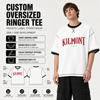 T-shirt Homme Unisexe en Coton Lourd à Coutures Contrastantes Épaules Tombantes d'Été Col Rond Style Ringer