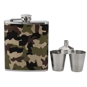 Termos Stainless Steel 7Oz, Penutup Pinggul Tertutup Kulit Hijau Tentara untuk Portabel