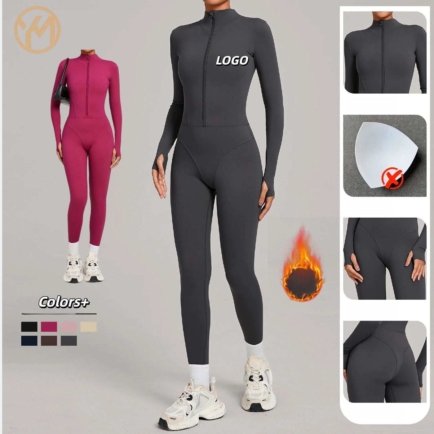 Yimo Fashion Winter Full Zip Long Sleeve Yoga Jumpsuit Lady Vans Plush Warm Outdoor Bodysuit Female Fitness Sports Clothes