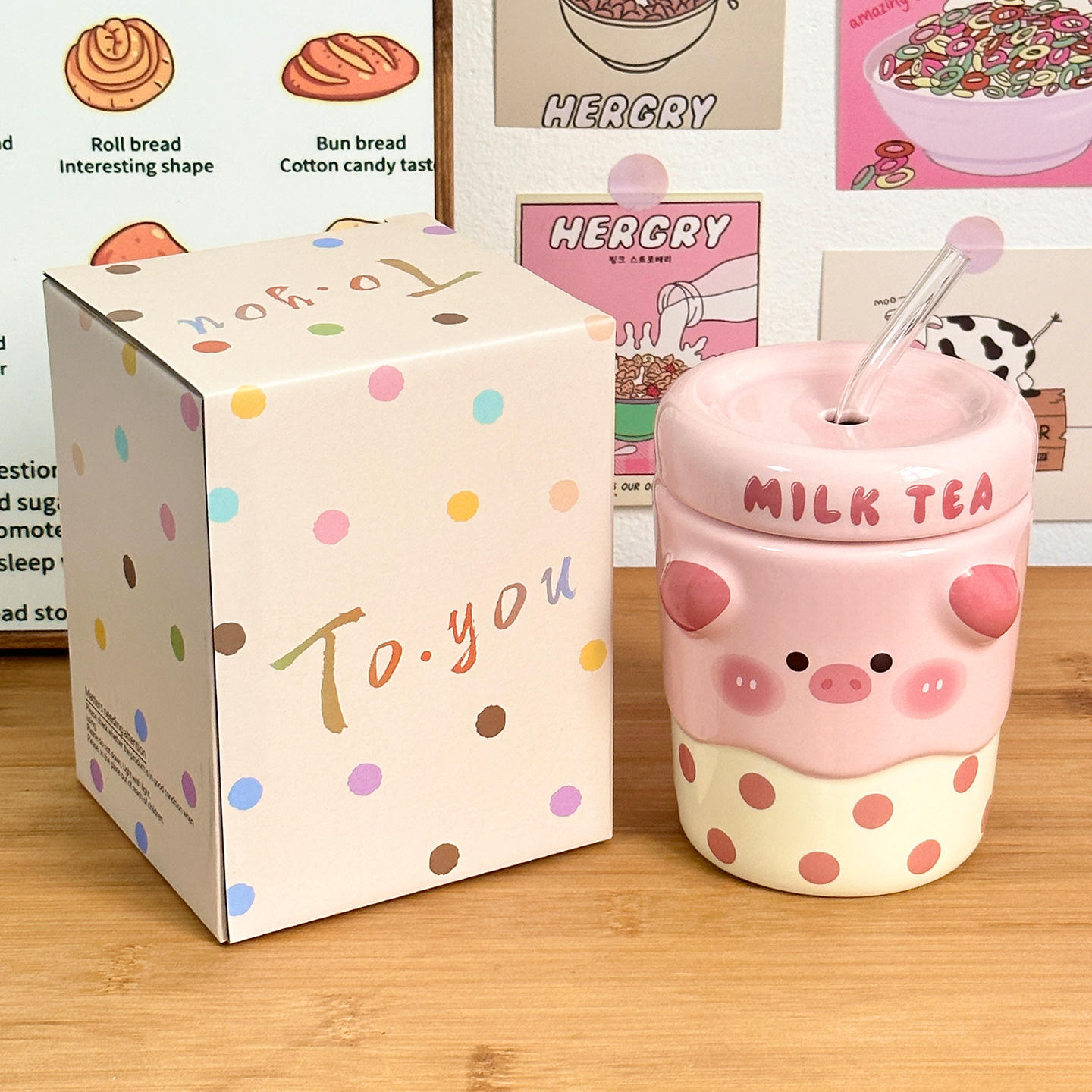 [Color Box Packaging] Pearl Straw Cup - Piggy