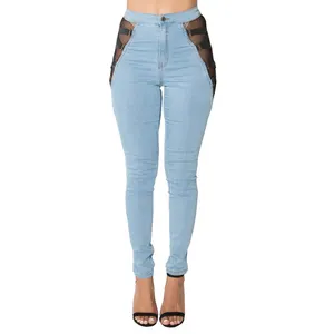 Custom Logo Brand Women Pants Denim Jeans Femme High Waist Mesh Slim Skinny Jeans