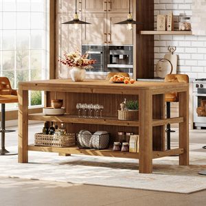 Table d'îlot de cuisine SENYU style ferme avec étagère de rangement à 3 niveaux, table de bar en bois de chêne massif hauteur comptoir pour salle à manger - Product Image 2